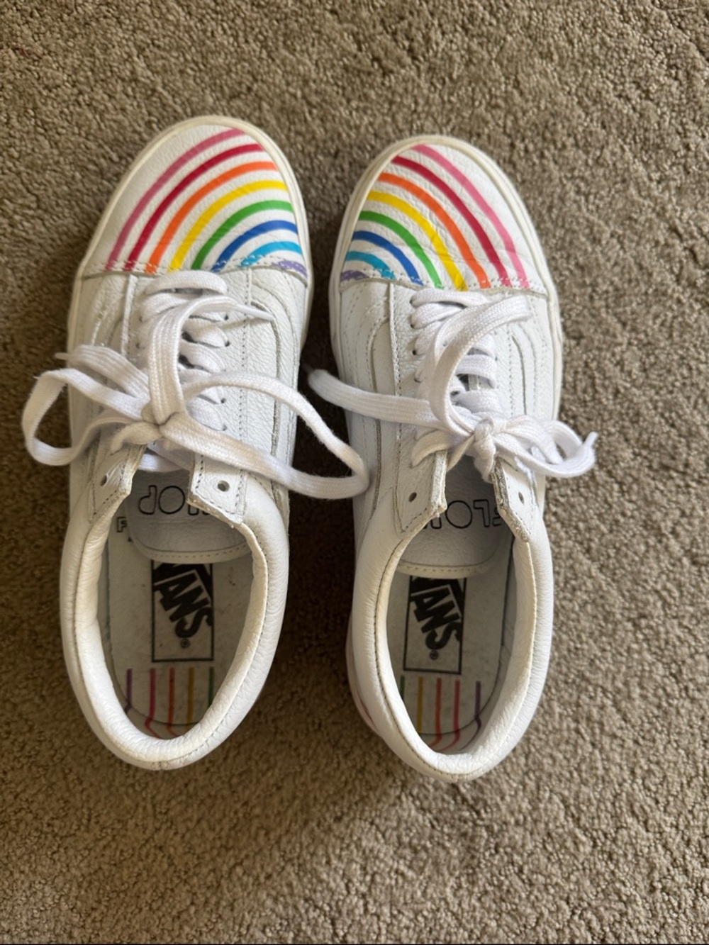 Vans White Sneakers with Rainbow Toe Stripe
